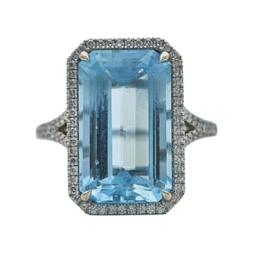 18K White Gold approx. 9.95 carat Aquamarine and Diamond Halo Ring