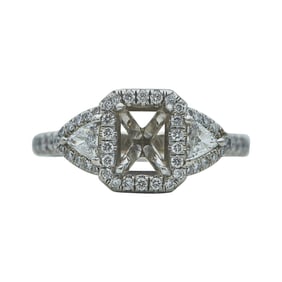 Platinum Diamond Three Stone Halo Emerald-Cut Engagement Ring Setting