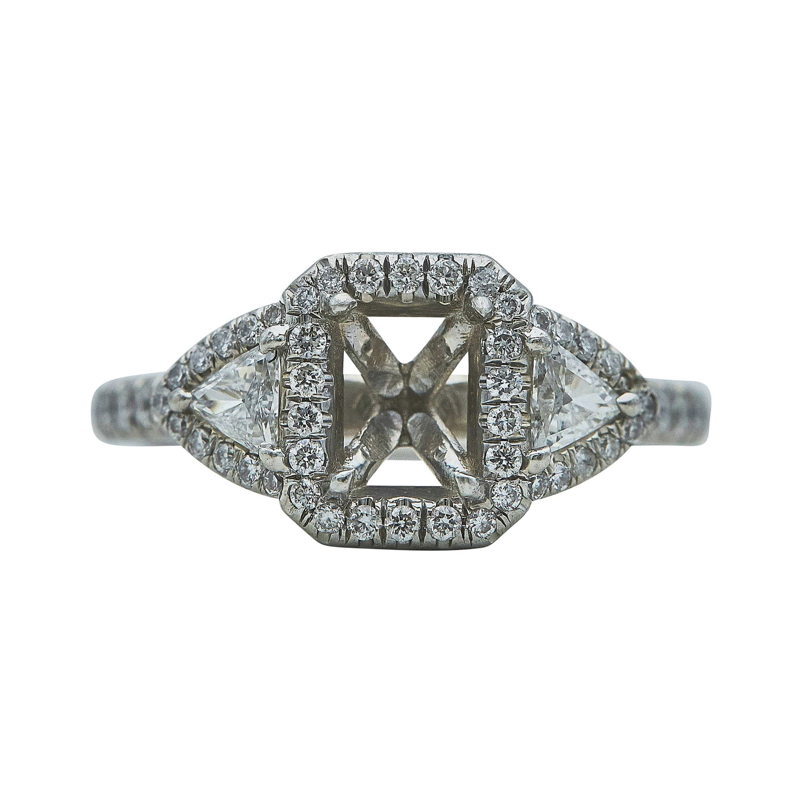 Platinum Diamond Three Stone Halo Emerald-Cut Engagement Ring Setting (1 of 3)