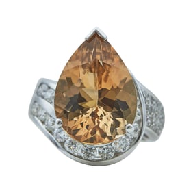14K White Gold 13 carat Golden Topaz and Diamond Ring