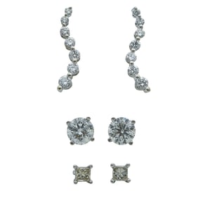 3 Pairs of 14K White Gold Round and Princess-Cut Diamond Stud Earrings