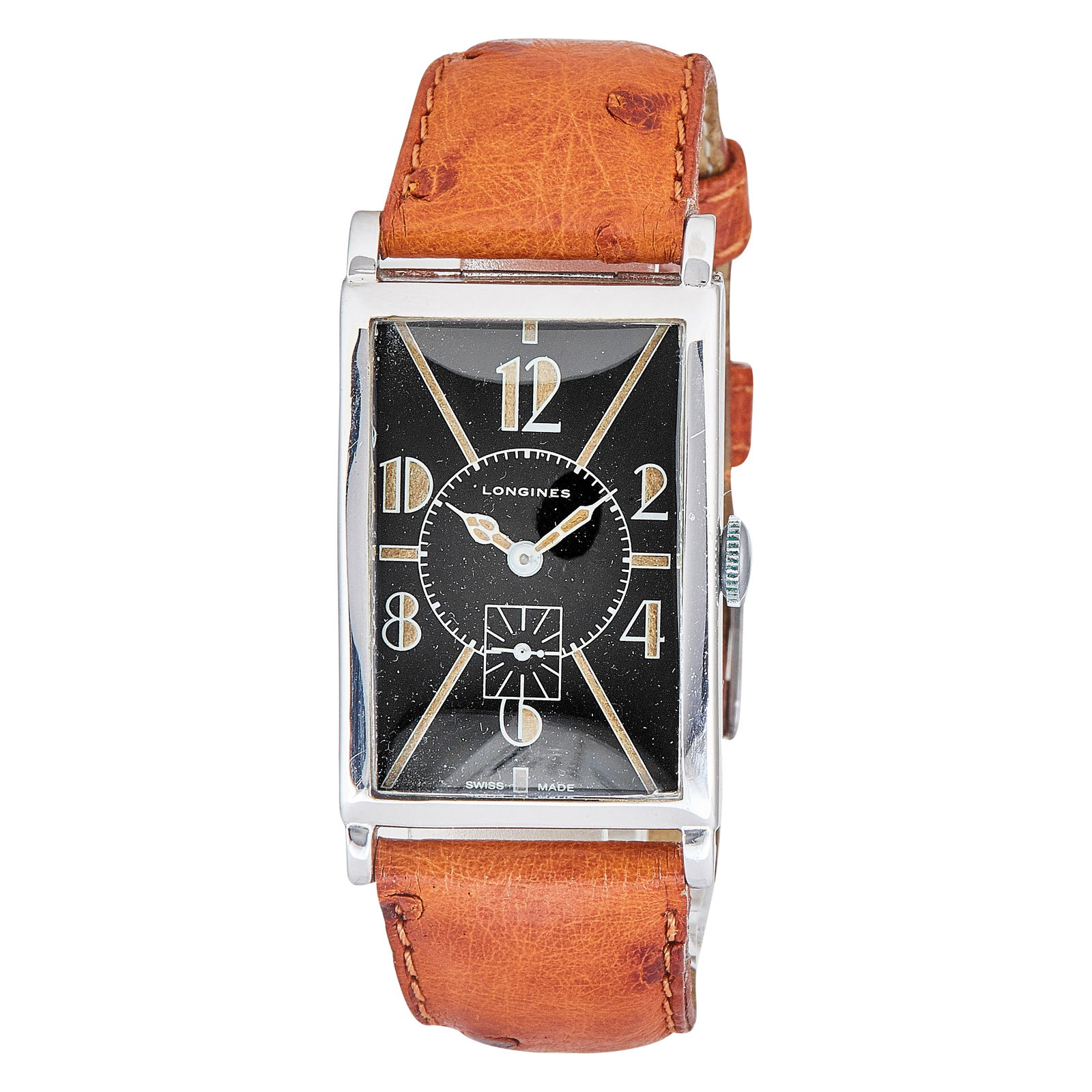 Longines Silver Watch, circa 1938: BRAND: Longines; CONDITION: Pre-owned, Good; YEAR: Circa 1938; ADDITIONAL COMMENTS: 5.8 mil serial, Possibly re-cased sterling (stamped) Longines case and movement with custom Art Deco dial; CASE SIZE