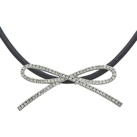18K White Gold Diamond Bow Slide Pendant on Cord Necklace with Silver Clasp