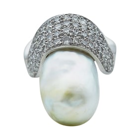 18K White Gold Baroque Cultured Pearl and Diamond Ring