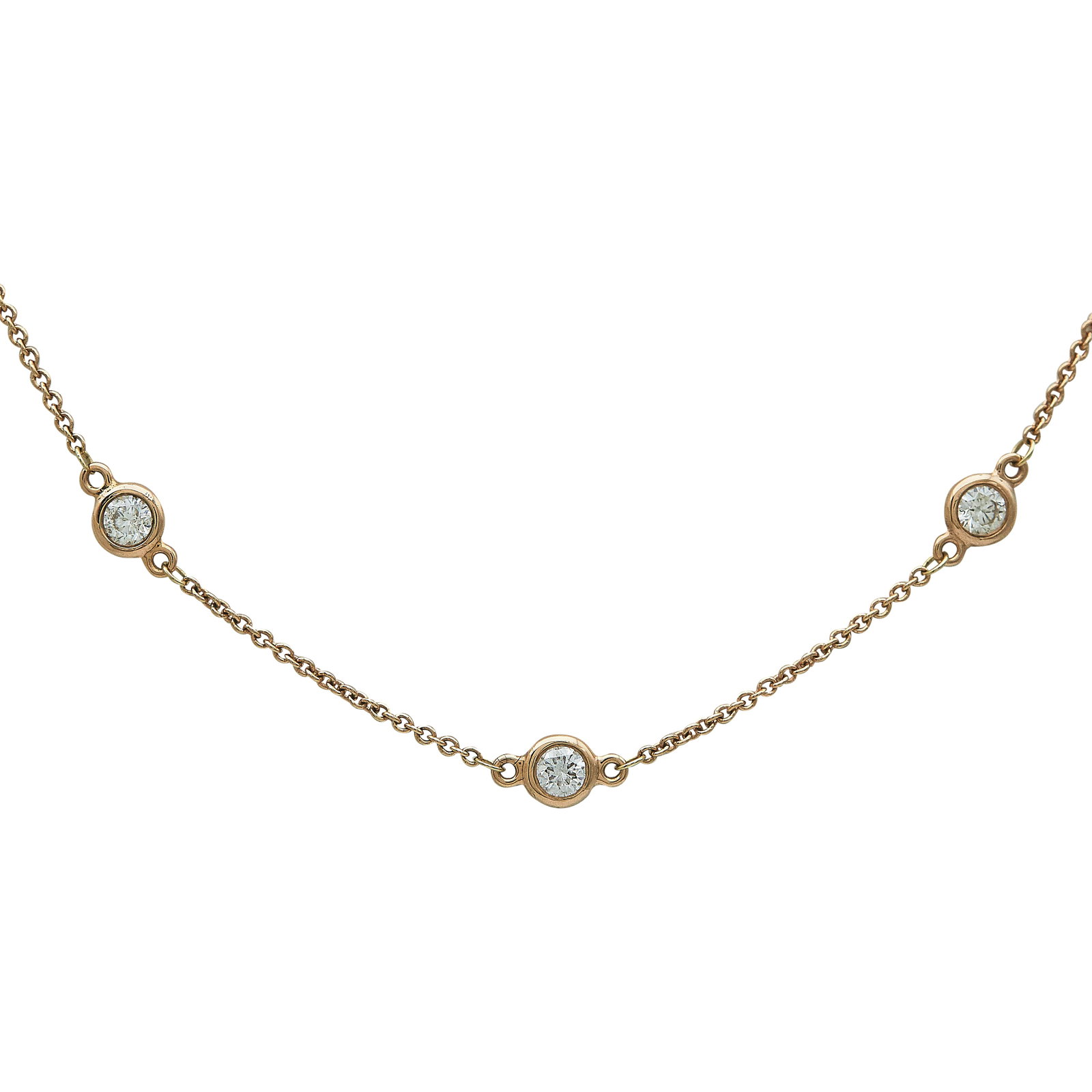 Effy 14K Rose Gold Bezel-Set Diamond Station Necklace: BRAND: EFFY; METAL: 14K Rose Gold; APPROXIMATE TOTAL DIAMOND WEIGHT: 0.69 ctw; STAMPED: Effy, 14K; CONDITION: Pre-owned, Very Good; ITEM WEIGHT (GRAMS): 3.04 g; MEASUREMENTS: Necklace length 18 inches