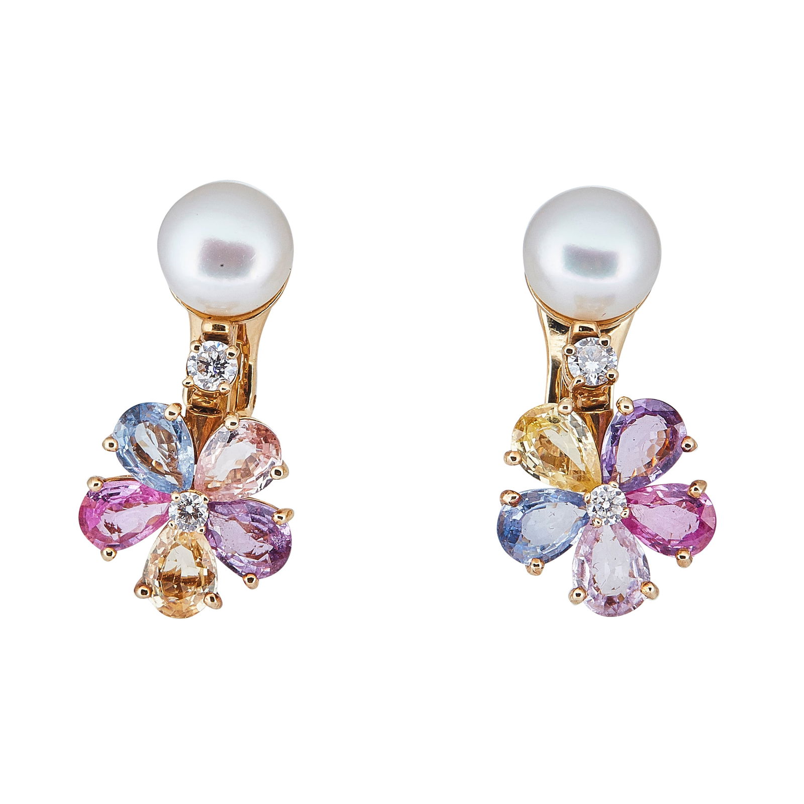 Bvlgari Bulgari 18K Yellow Gold Pearl, Diamond and Multicolored Sapphire Flower Drop Earrings: BRAND: Bulgari; METAL: 18K Yellow Gold; APPROXIMATE TOTAL DIAMOND WEIGHT: 0.44 ctw; GEMSTONES: Pearls measuring approx. 9mm, Multicolored Sapphires; STAMPED: Bvlgari, Italy, 750, maker's mark, numbere