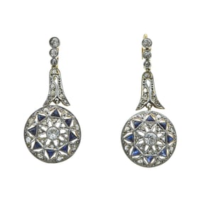 18K Yellow Gold and Platinum Diamond and  Simulant Openwork Drop Earrings