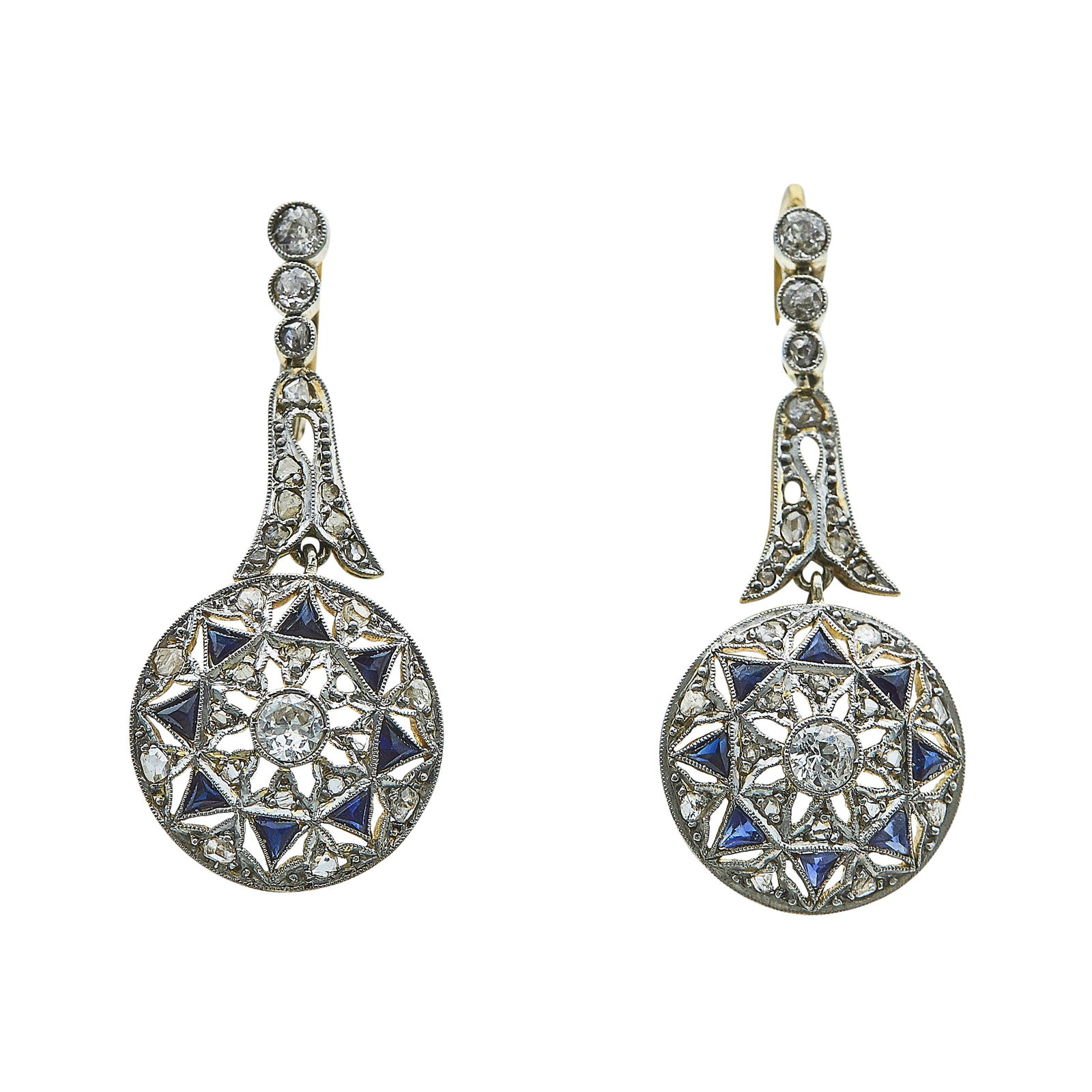 18K Yellow Gold and Platinum Diamond and  Simulant Openwork Drop Earrings (1 of 3)