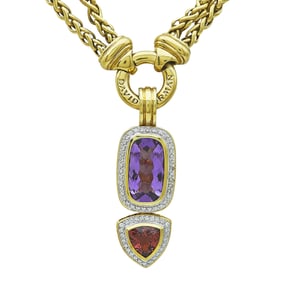 David Yurman 18K Yellow Gold Double Wheat Chain Necklace Suspending an Amethyst, Pink Tourmaline and