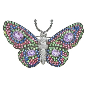 18K White Gold Multi Gem-Set Butterfly Brooch Pin