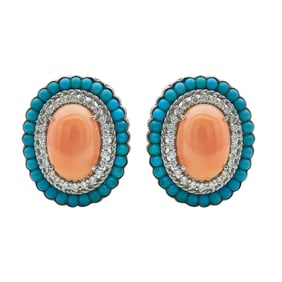 18K White Gold Pink Coral, Turquoise and Diamond Tiered Oval Earrings