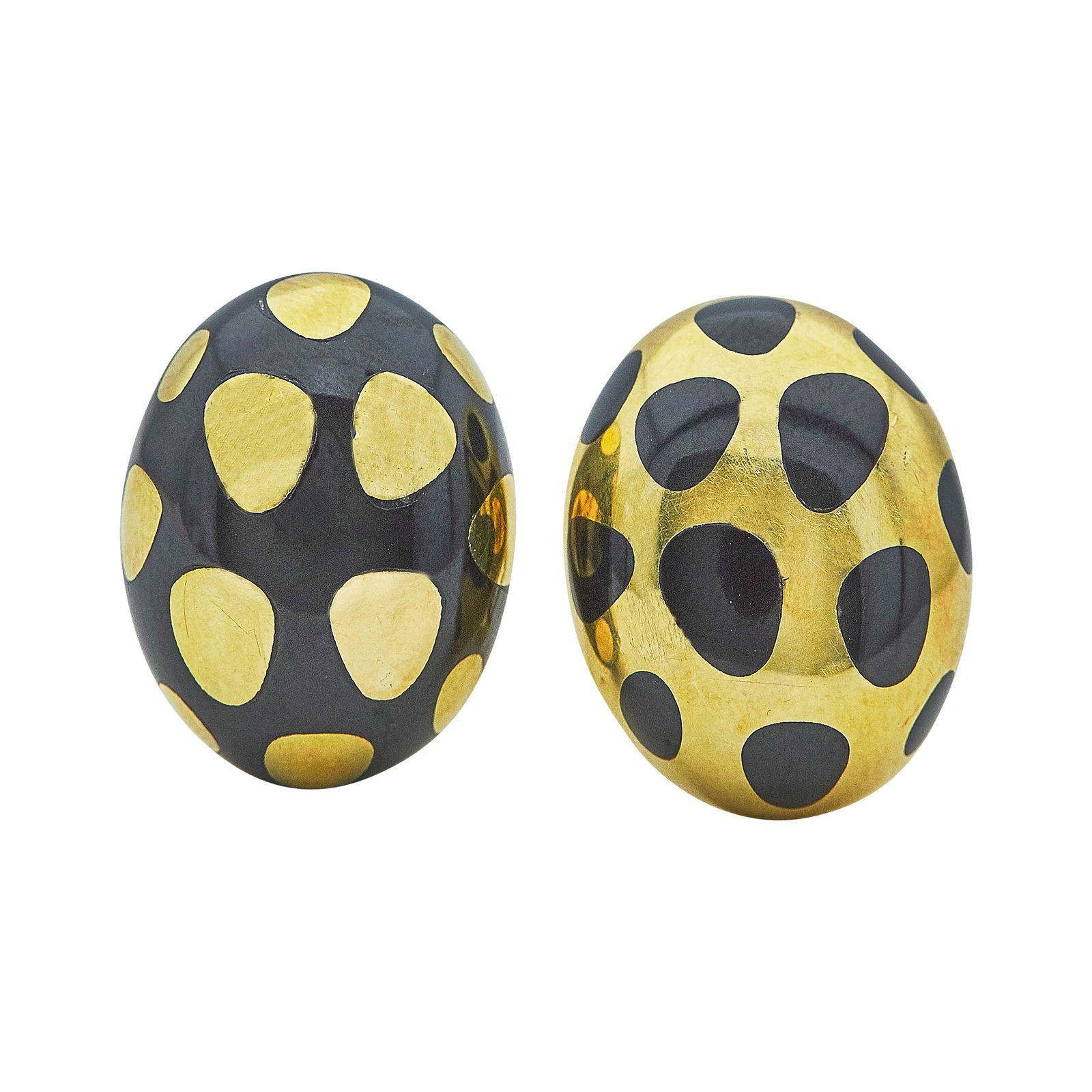 Tiffany & Co. Angela Cummings 18K Yellow Gold Black Jade Positive and Negative Earrings: BRAND: Tiffany & Co.; METAL: 18K Yellow Gold; GEMSTONES: Black Jade Inlay; STAMPED: Tiffany & Co., ©,750; CONDITION: Pre-owned, Good; ITEM WEIGHT (GRAMS): 17.54 g; MEASUREMENTS: 23mm x 18mm; ADDITION