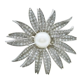 C. Drake 18K White Gold Pearl and Diamond Flower Brooch Pin