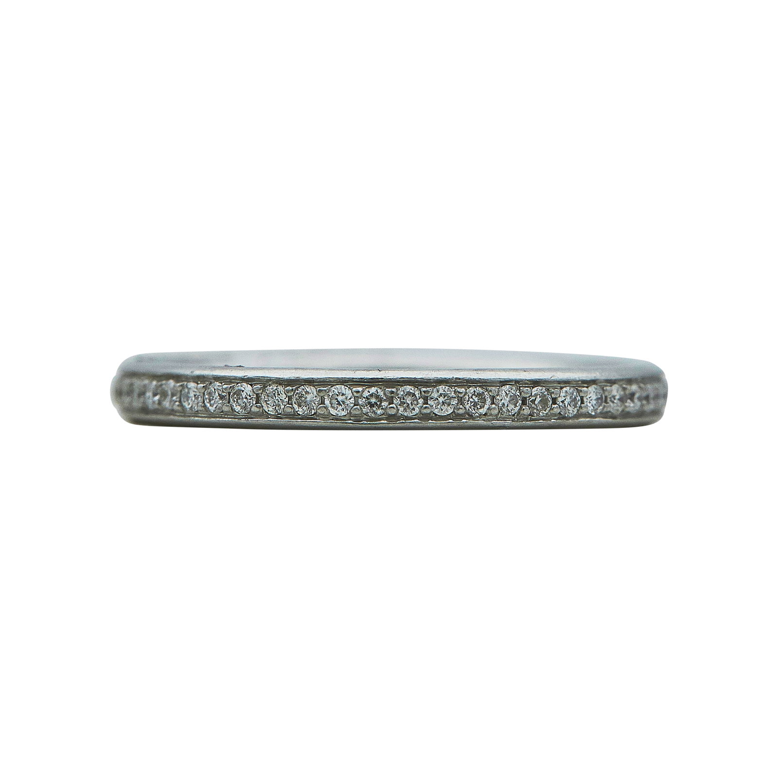 Ritani Platinum Diamond Eternity Band Ring: METAL: Platinum; APPROXIMATE TOTAL DIAMOND WEIGHT: 0.50 ctw; STAMPED: Ritani, PT950; CONDITION: Pre-owned, Very Good; ITEM WEIGHT (GRAMS): 3.4 g; MEASUREMENTS: Ring size 6 1/2