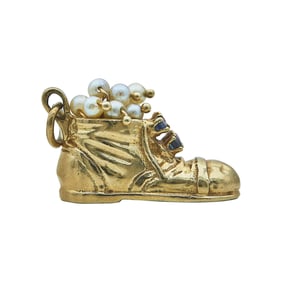 14K Yellow Gold Cultured Pearl, Sapphire and Ruby Sneaker Shoe Pendant Charm