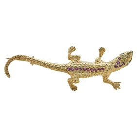 14K Yellow Gold Ruby and Diamond Lizard Brooch Pin