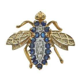 14K Yellow Gold Sapphire and Diamond Insect Brooch Pin
