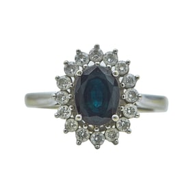 14K White Gold Sapphire and Diamond Halo Cluster Ring and 18K White Gold Sapphire Diamond Halo