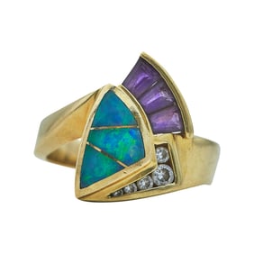 14K Yellow Gold Opal Inlay, Amethyst and Diamond Ring