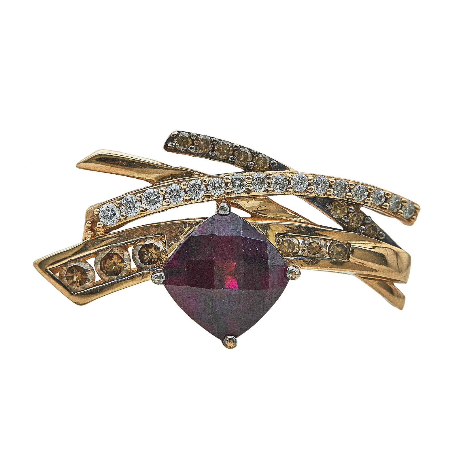 Le Vian 14K Rose Gold Rhodolite Garnet, Colorless and Light Brown Diamond Pendant: BRAND: Le Vian; METAL: 14K Rose Gold; APPROXIMATE TOTAL DIAMOND WEIGHT: 0.16 ctw; GEMSTONES: Rhodolite Garnet weighing approx. 3.76 ctw; Light Brown Diamonds weighing approx. 0.33 ctw; STAMPED: 14KT,