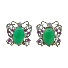 14K White Gold Chrysoprase, Diamond and Ruby Butterfly Earrings