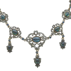 Antique Silver Sapphire Cabochon and Rose-Cut Diamond Necklace