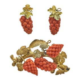 18K Yellow Gold Orange Coral Grape Vine Earrings and Brooch Suite