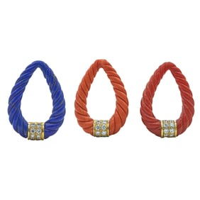 Set of 3 Van Cleef & Arpels 18K Yellow Gold Lapis Lazuli, Orange and Red Coral Diamond Loop Pendants