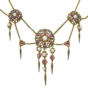Antique Charles Templier18K Yellow Gold Pink Sapphire, Pearl and Black Enamel Festoon Necklace