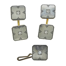 Vintage 14K Yellow Gold, Platinum, Diamond, and Black Enamel Cufflinks and Tie Tack Set