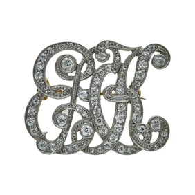 Edwardian Platinum topped 14K Yellow Gold and Diamond Initial Pin Brooch