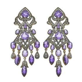 Silver Topped 14K Rose Gold Amethyst and Light Brown Diamond Girandole Earrings