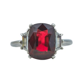 Platinum Cushion-Cut Ruby and Diamond Three Stone Ring