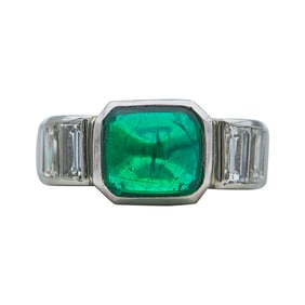 Platinum Emerald Cabochon and Diamond Ring