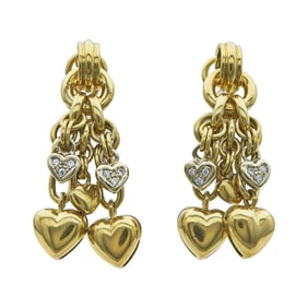 18K Yellow Gold Diamond Heart Chain Chandelier  Earrings