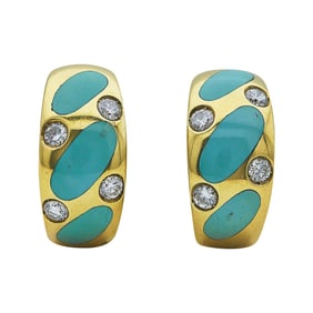 18K Yellow Gold Diamond and Turquoise Half Hoop Earrings