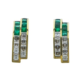 18K Yellow Gold Diamond and Emerald Half-Hoop Earrings