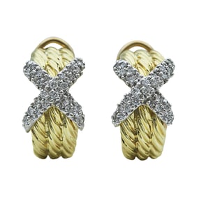 14K Yellow Gold Diamond Crossover J Hoop Earrings