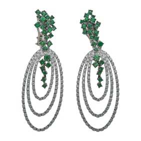 18K White Gold Tsavorite Garnet Cluster and Diamond Loop Drop Earrings