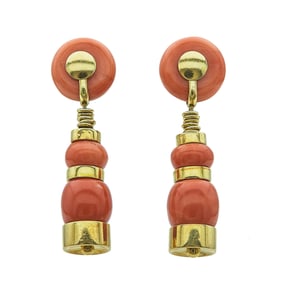 18K Yellow Gold Beaded Orange Coral Drop Earrings