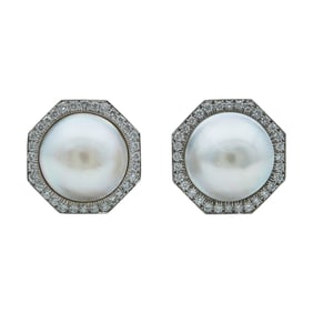 David Webb Platinum and 18K White Gold Mabe Pearl and Diamond Earrings
