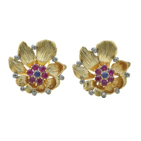 18K Yellow Gold Sapphire, Ruby and Diamond Flower Earrings