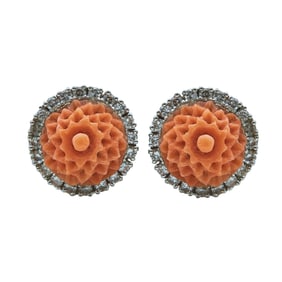14K White Gold Carved Coral Chrysanthemum and Diamond Halo Earrings
