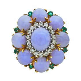 18K Yellow Gold Lavender Jade, Emerald and Diamond Tiered Cocktail Ring