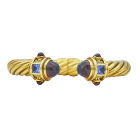 David Yurman Renaissance Cable 18K Yellow Gold Garnet, Tanzanite and Tourmaline Hinged Bracelet