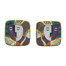 Asch Grossbardt 14K Yellow Gold Multi Stone Inlay and Diamond Earrings