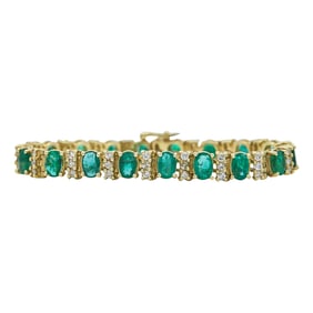 14K Yellow Gold Oval Cut Emerald and Diamond Link Bracelet