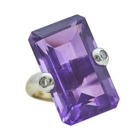 Sanalitro 18K White Gold Step Cut Amethyst and Diamond Ring