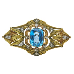 14K Yellow Gold and Platinum Blue Spinel and Rose-Cut Diamond Floral Brooch Pin