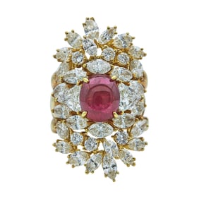 Kitty 18K Yellow Gold Ruby Cabochon and Mixed Cut Diamond Cluster Ring with Diamond Cluster Ring